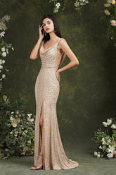 Vestido de dama de honor/graduación de sirena con escote redondo, lentejuelas y espalda descubierta con abertura lateral